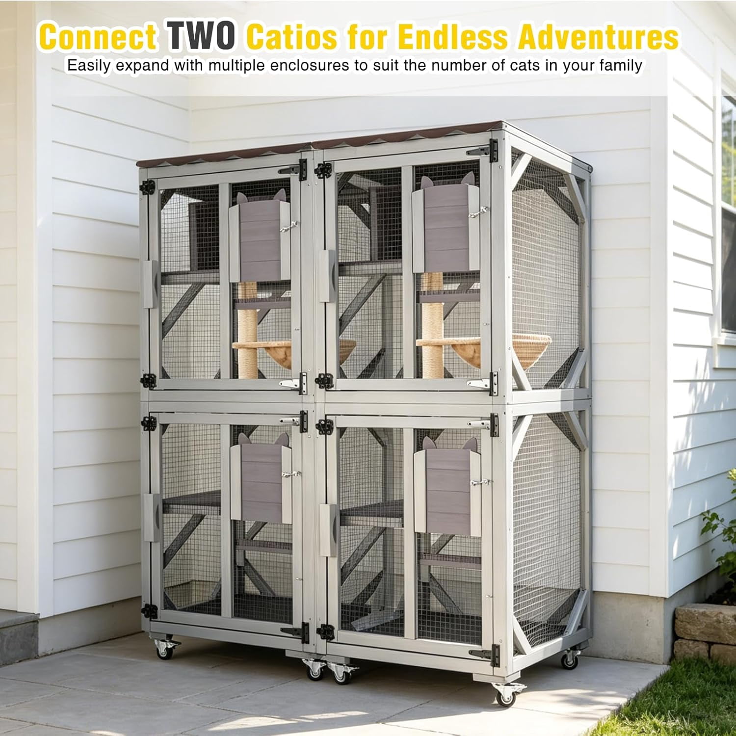 Aivituvin Catio Outdoor Cat Enclosure with Wheels, Outdoor Cat House with Weatherproof Roof, 3 Platforms, Large Window Catio Portable Cat Cage Indoor for 2-3 Cats, 23.4" D x 24.5" W x 62.8" H - Grey