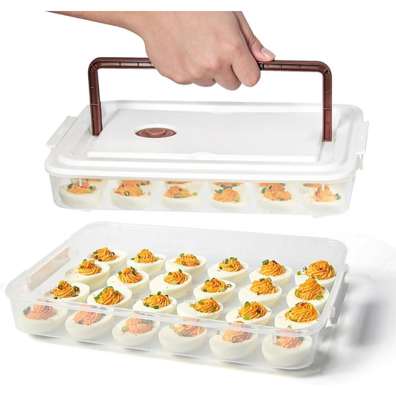 PrimeCook Shop Deviled Egg Containers with Lid, (Set of 2), Plastic Deviled Egg Tray Carrier with Handle for 48 Eggs, Clear Storage Egg Platter for Devil Egg, Fridge Stackable Portable Egg Holder
