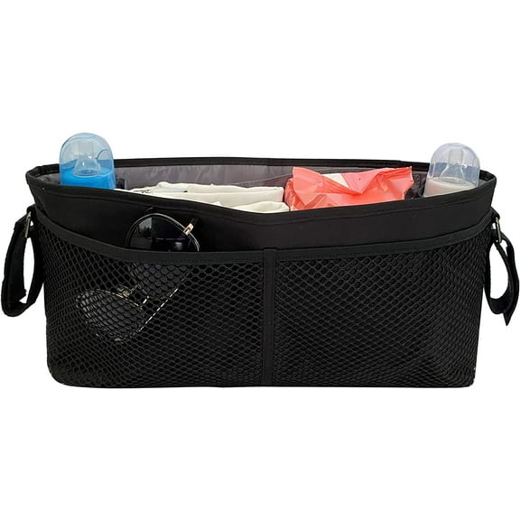 Universal Baby Stroller Organizer, 2 Bottle Holders, Zippered Pocket, Large capacity for baby essentials, Compact Design Fits Any Strollers. (Black)