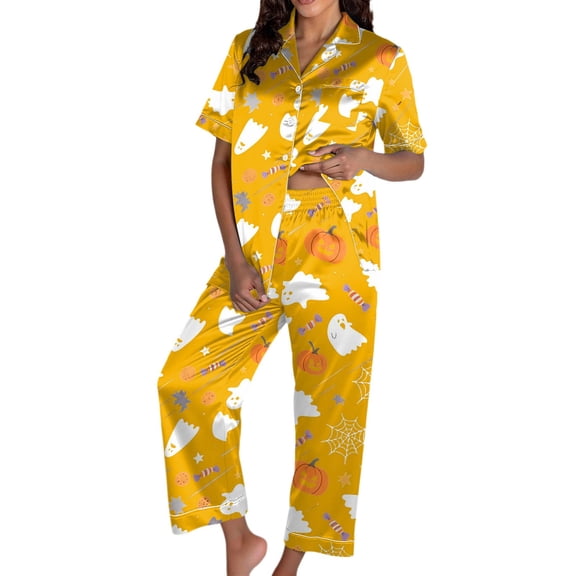 Gaexia Halloween Fun Print Pajama Set for Women Short Sleeve Long Pants Satin V-Neck Button Down Sleepwear Loungewear Pajama Set