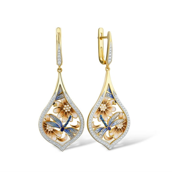 Santuzza Dragonfly Earrings Enamel Flower Cubic Zirconia 14K Gold Plated Sterling Silver Drop Earrings for Women