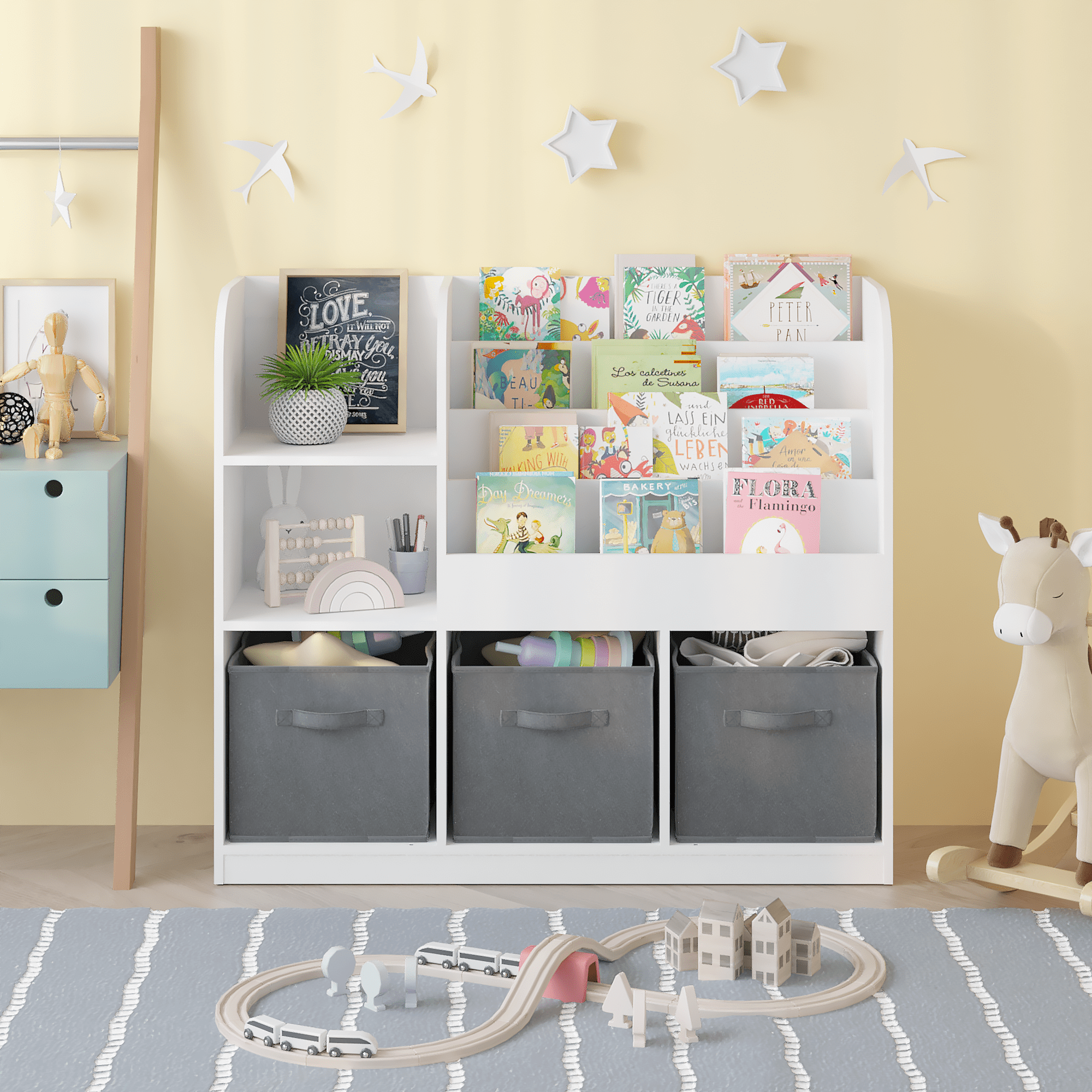 Jopath Kids Toy Organization Cubby Bookcase with 3 Fabric Drawers,Bookcase Display Stand for Bedroom, Playroom,Gray02