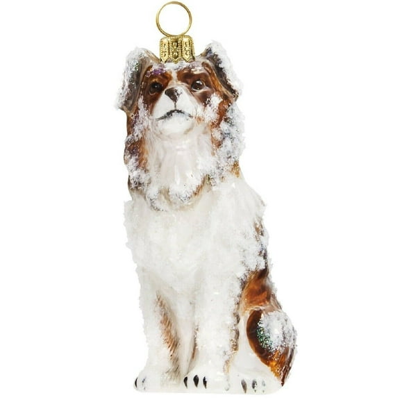 Snowy Australian Shepherd Sitting Polish Glass Christmas Tree Ornament Dog Pet