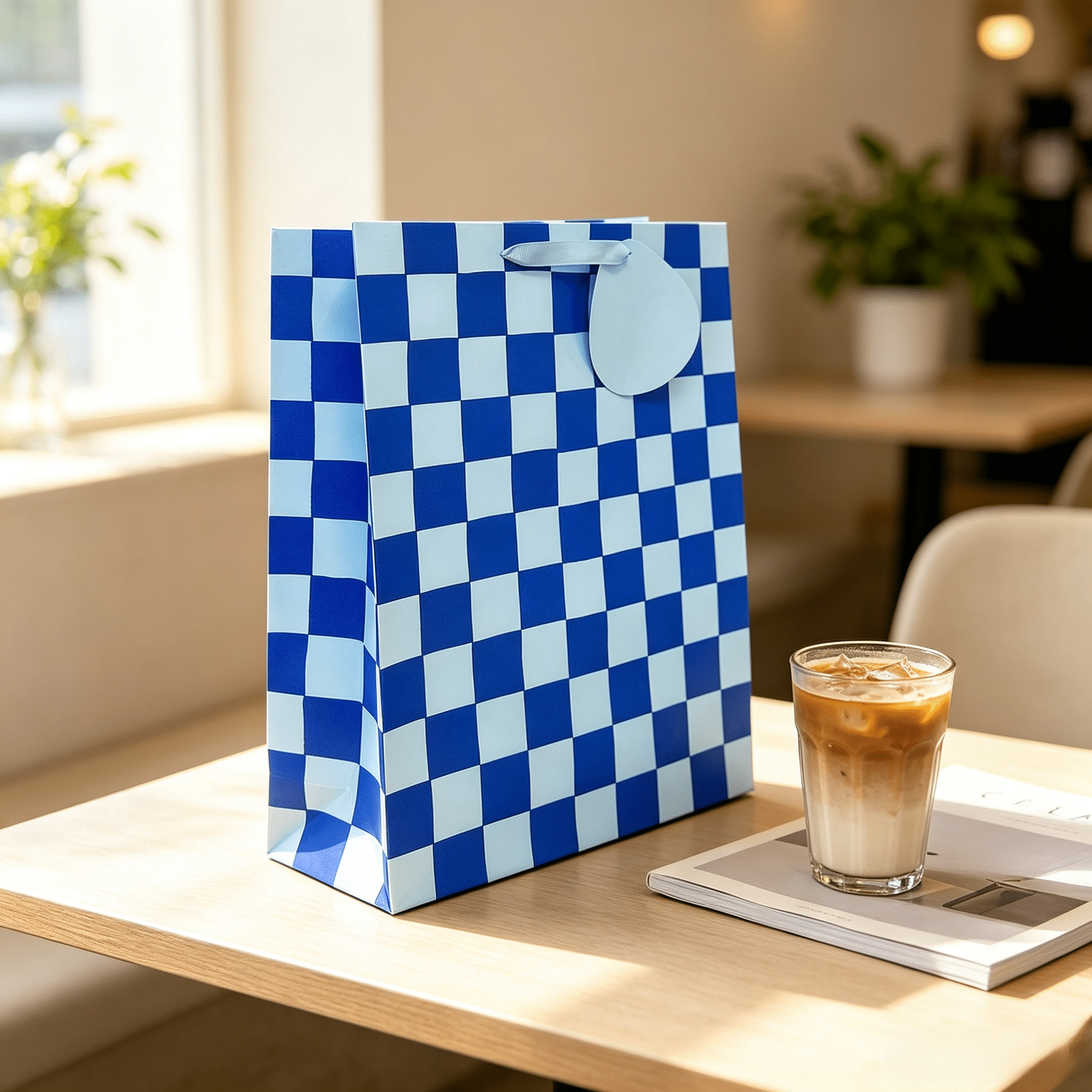 Jumbo Blue Check  Paper Gift Bag,14.5" x 5" x 18",By Way To Celebrate