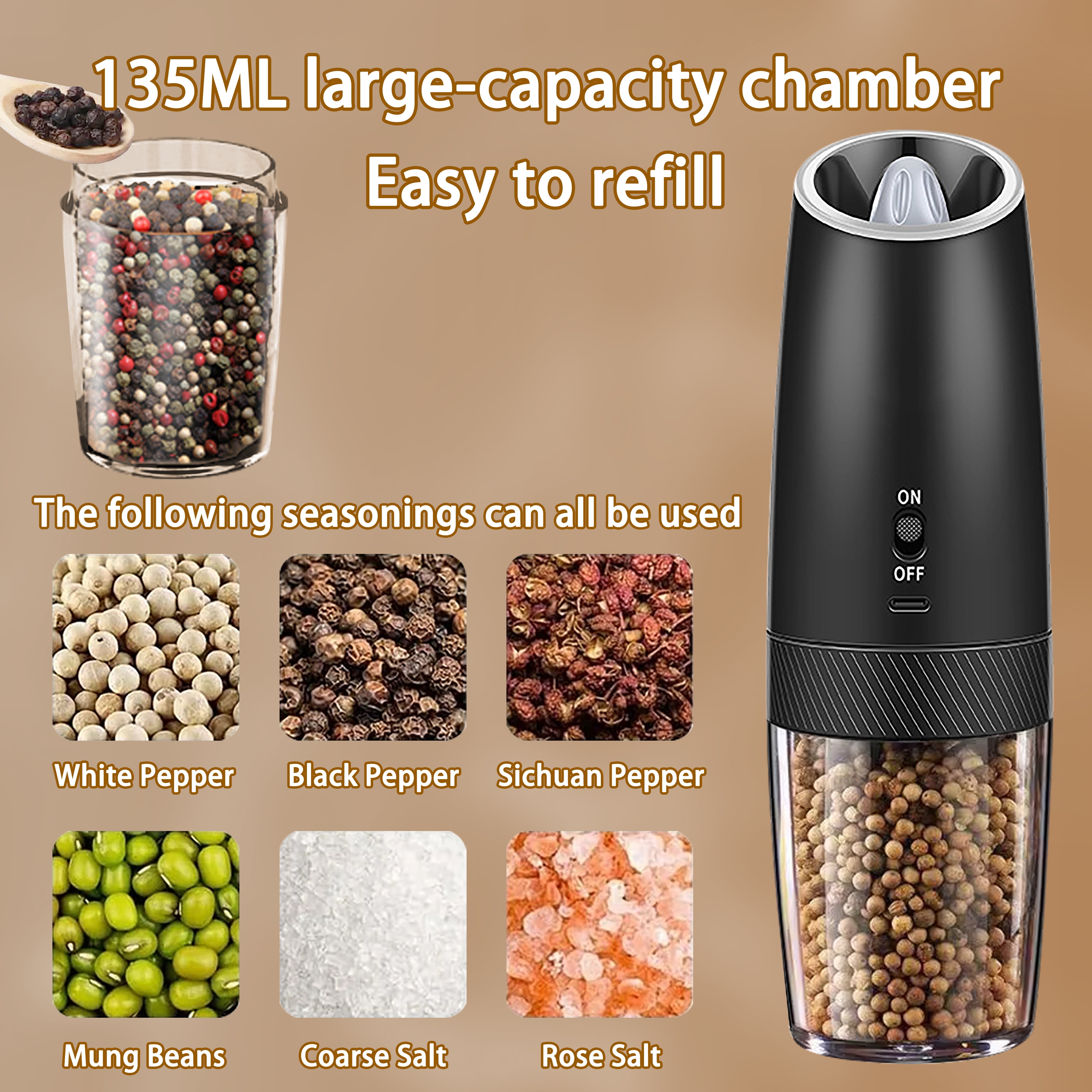 LHKLUK Electric Salt and Pepper Grinder, Set Rechargeable, Gravity Sensing, LED Light, Adjustable Coarseness, for Home Kitchen BBQ, Two sets