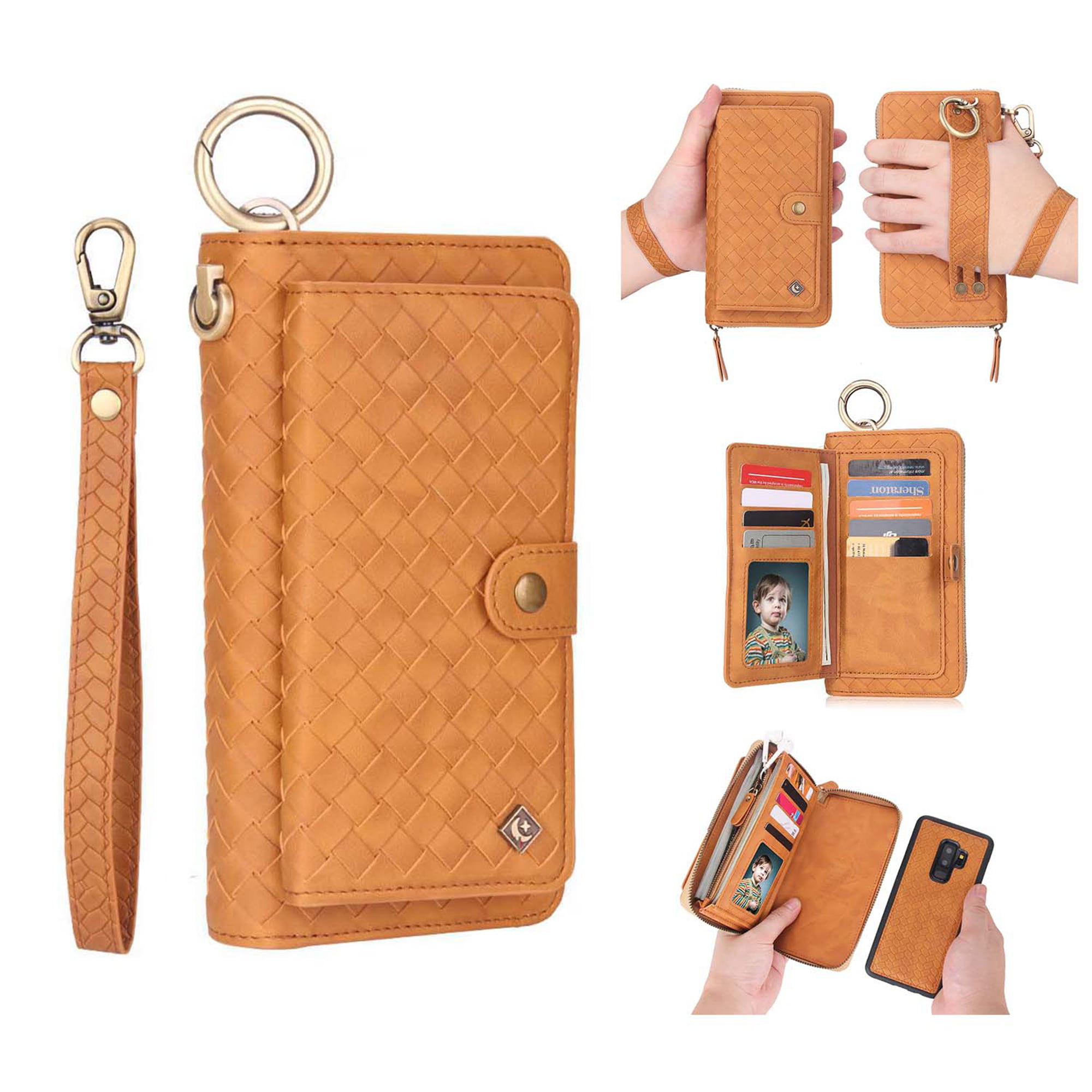 Handmade Premium Cowhide Leather Wallet Case,Zipper Wallet Case with Stylus Detachable Magnetic Case & Card Slots for Samsung Galaxy S9 Plus Yaheeda Galaxy S9 Plus Case Magnetic Closure