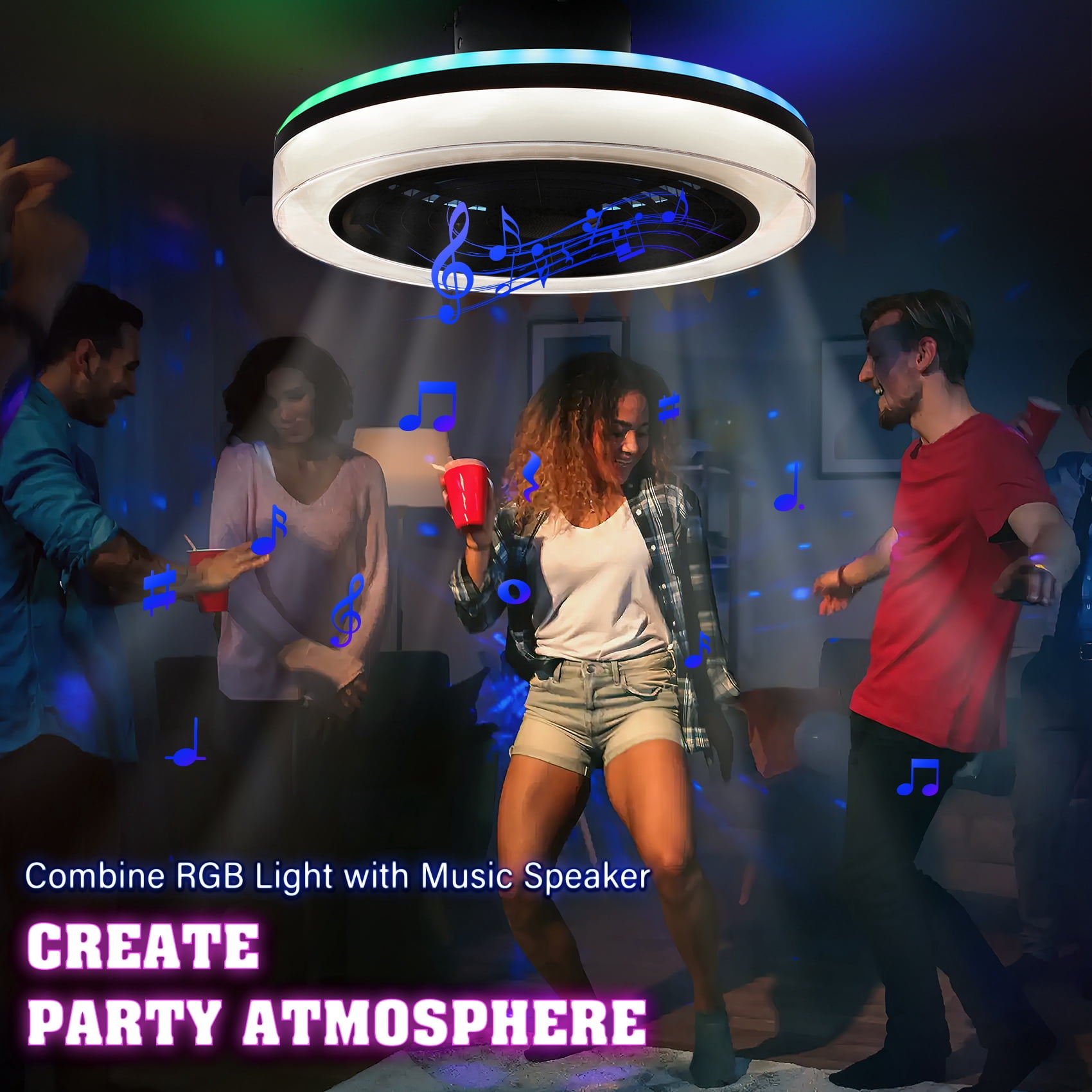 TCFUNDY 18" Smart Ceiling Fan w/ Light, RGB & LED, Smart Control Compatible with Voice Assistant Alexa/Google/Siri, Built-in Bluetooth Speaker, Bladeless Fan w/ 6 Speeds & Reversible, White