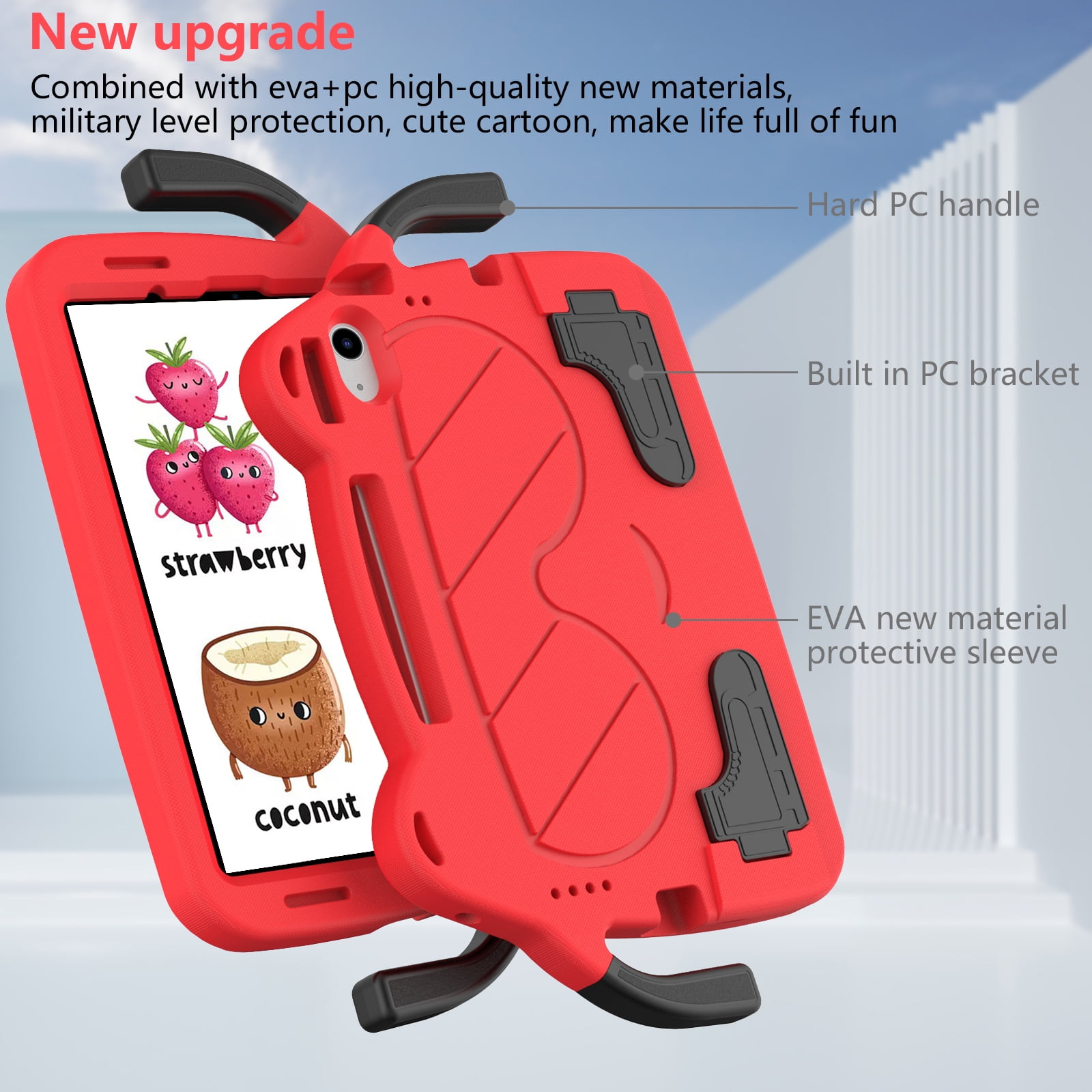Dteck Cute Kids Case for iPad 10th Generation 10.9 Inch 2022 / iPad Air 5 / iPad Air 4 Silicone Child Proof Boys Girls Case with Built-in Pencil Holder Kickstand Handle Grip for 10.9 Inch iPad,Red