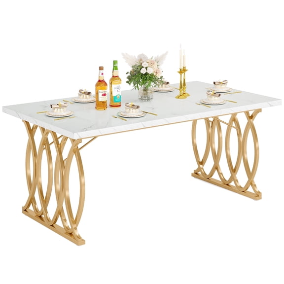 Fnova 63" Modern Faux Marble Dining Table for 4-6 People, Rectangular Kitchen Table with Gold Metal Frame, Luxury Dinner Table for Dining Room, Living Room, Patio, Apartment, Cafe