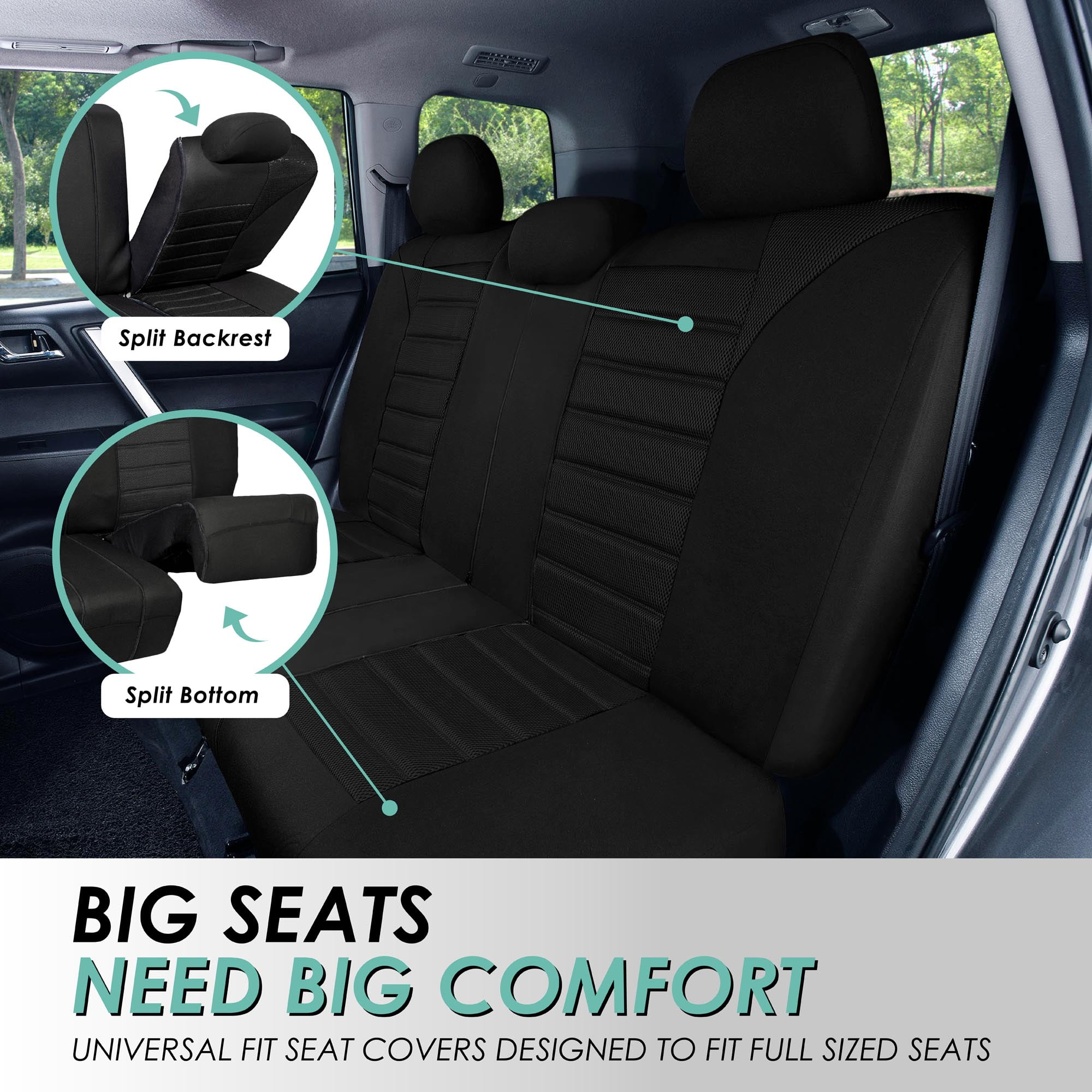 FH Group 3 Row Universal Fit Car Seat Covers Premium 3D Air Mesh with Removable Headrest,  Airbag Compatible for SUV, Sedan, Van Black - 7 Seater