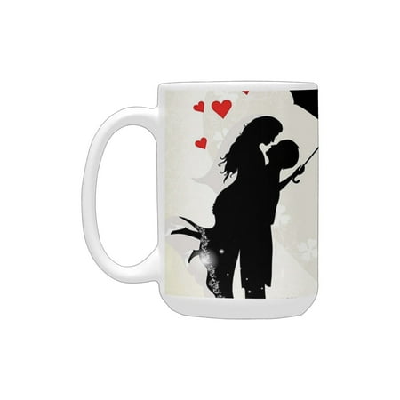 

Wedding Decorations Couple in Love Umbrella Red Hearts Daisies Romance in the Air es Black White Red Ceramic Mug (15 OZ) (Made In USA)
