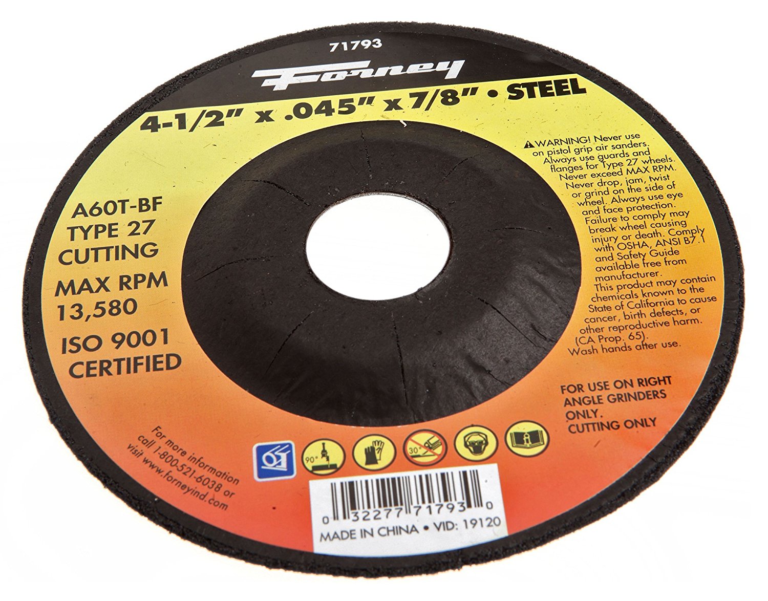 71793 CutOff Wheel with 7/8Inch Arbor, Metal Type 27, A60TBF, 41/2