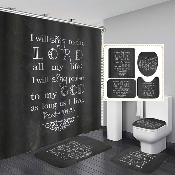 4PCS Black Bathroom Decor Inspirational Quotes Shower Curtain Set with Rugs Funny Bath Shower Curtain for Adults/Men Bible Verse/Scripture Shower Curtain for Bathroom Waterproof Fabric Bath Curtain
