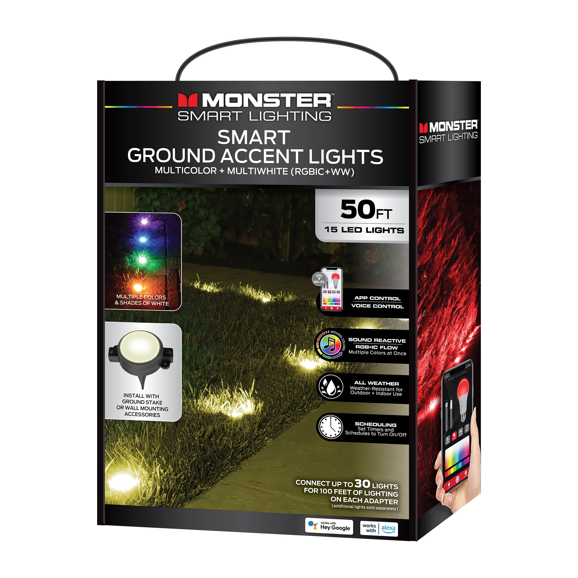 Monster Smart Lighting Outdoor Ground Lights, RGBICWW Multicolor Accent LED Yard Lights, for Christmas, Halloween, Party, Gameday and More, 50 ft
