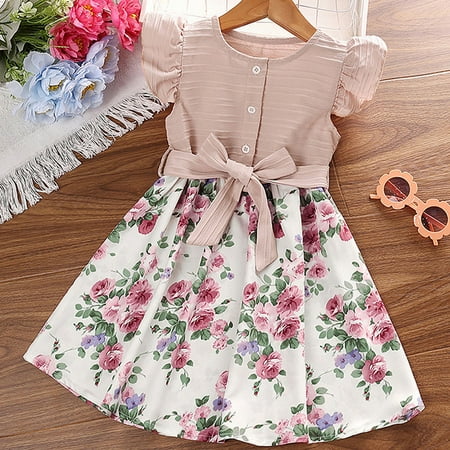 

dmqupv 7-8 Girls Clothes Sweet Girl s Spring And Summer Style Lace Sleeve Floral Dress Children s Skirt Flannel Dress for Girls Red 6-7Years