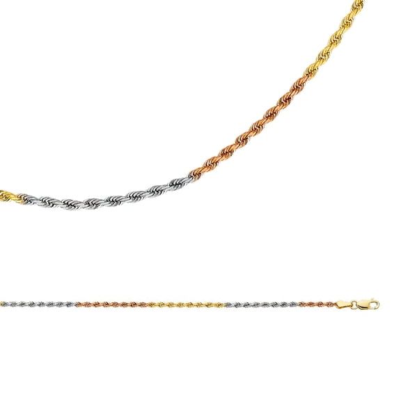 Rope Necklace Solid 14k Yellow White Rose Gold Chain Diamond Cut Twisted Tri Color 2 mm 18 inch
