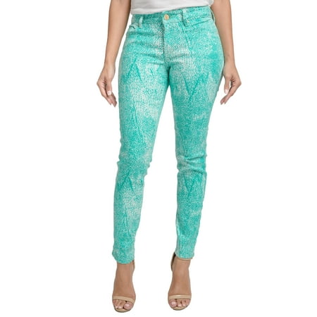 Miss Halladay Women Teal Stretch Denim Skinny Jeans Tree Skin Print Ankle