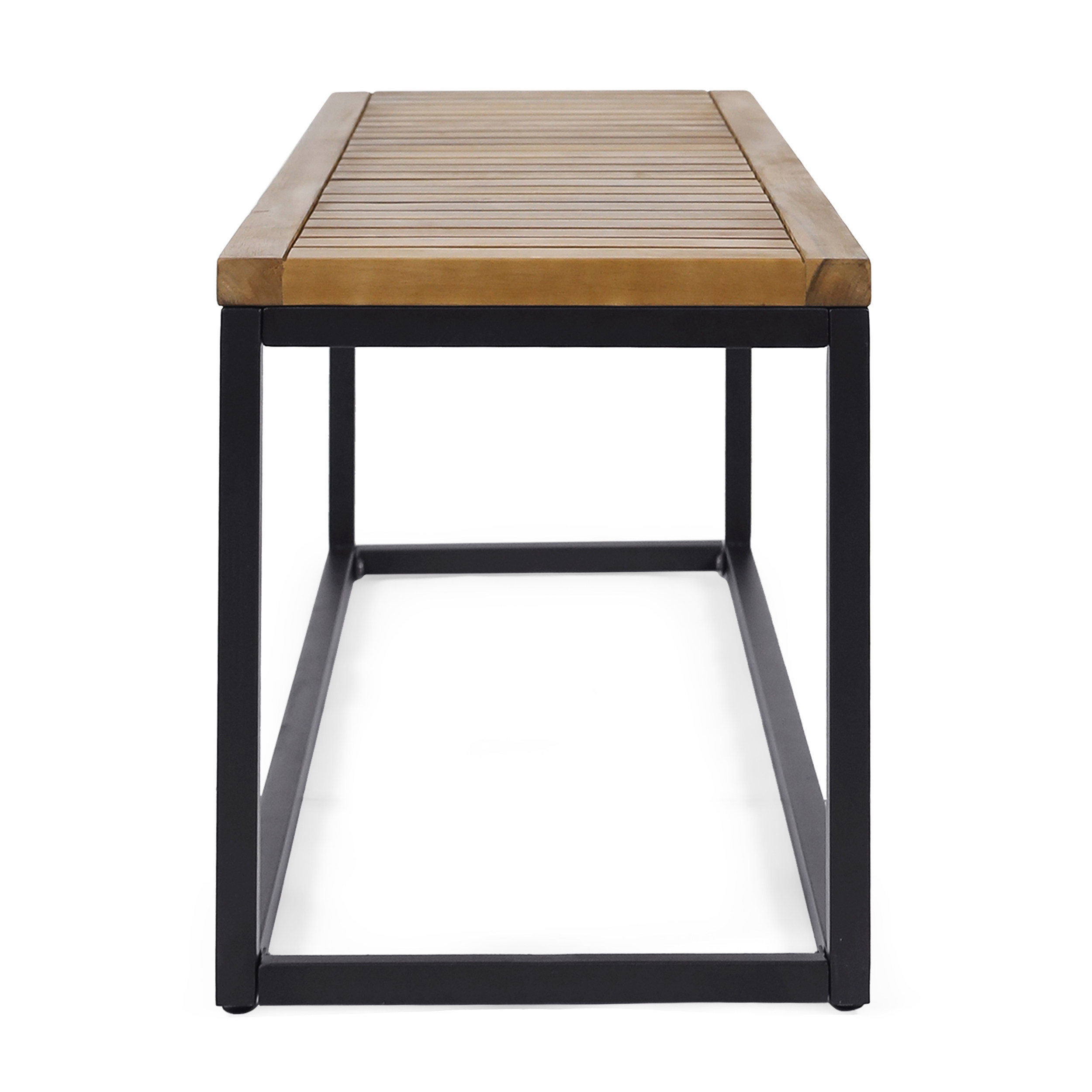 Outdoor Industrial Style Leisure Bench, Wood and Metal Combined Rest Seat for Patio Garden, Teak and Black