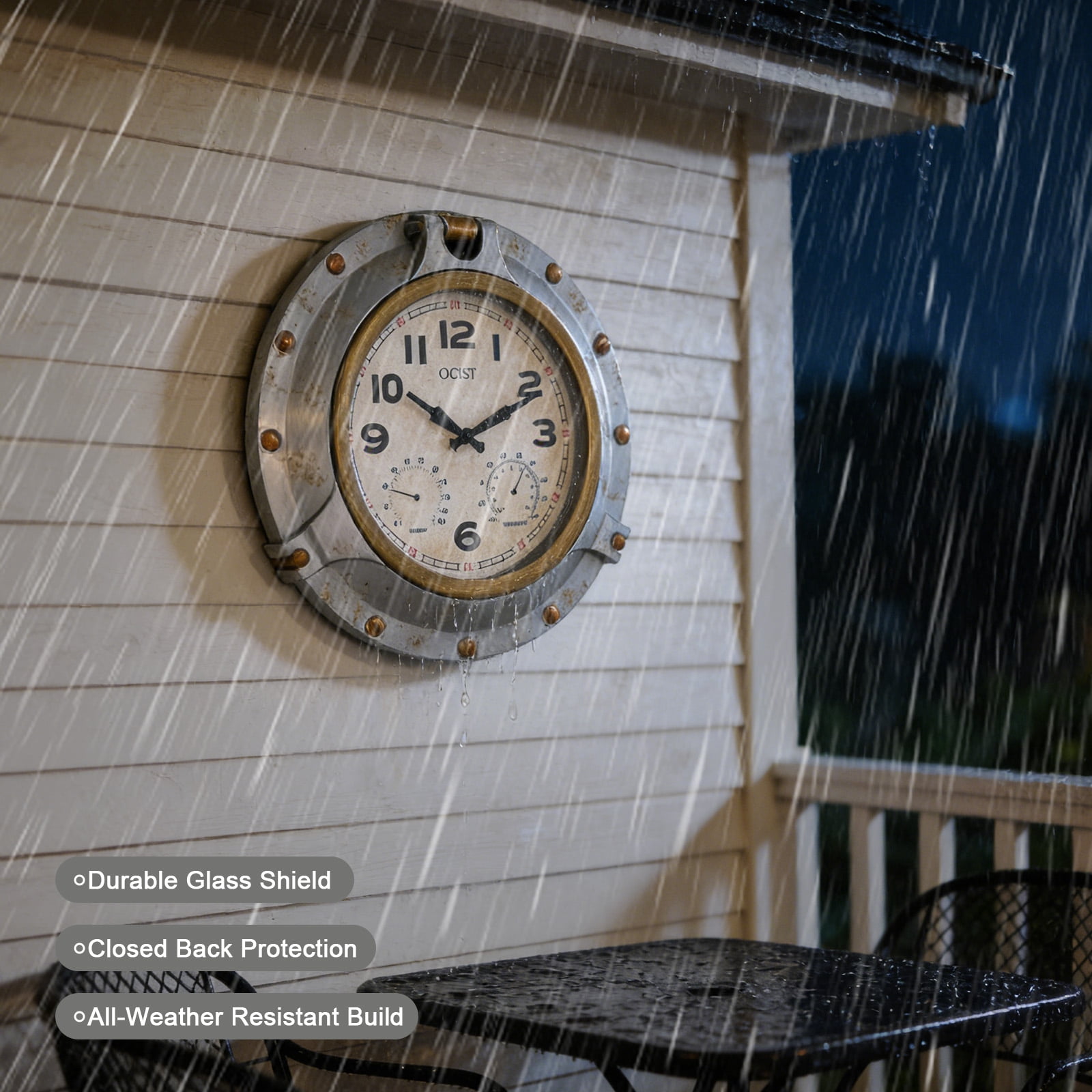 18 Inch Large Outdoor Clock Waterproof, Oversized Silent Wall Clock with Thermometer& Hygrometer,Battery Operated Clock for Garden Pool Patio Living Room Office Decorative