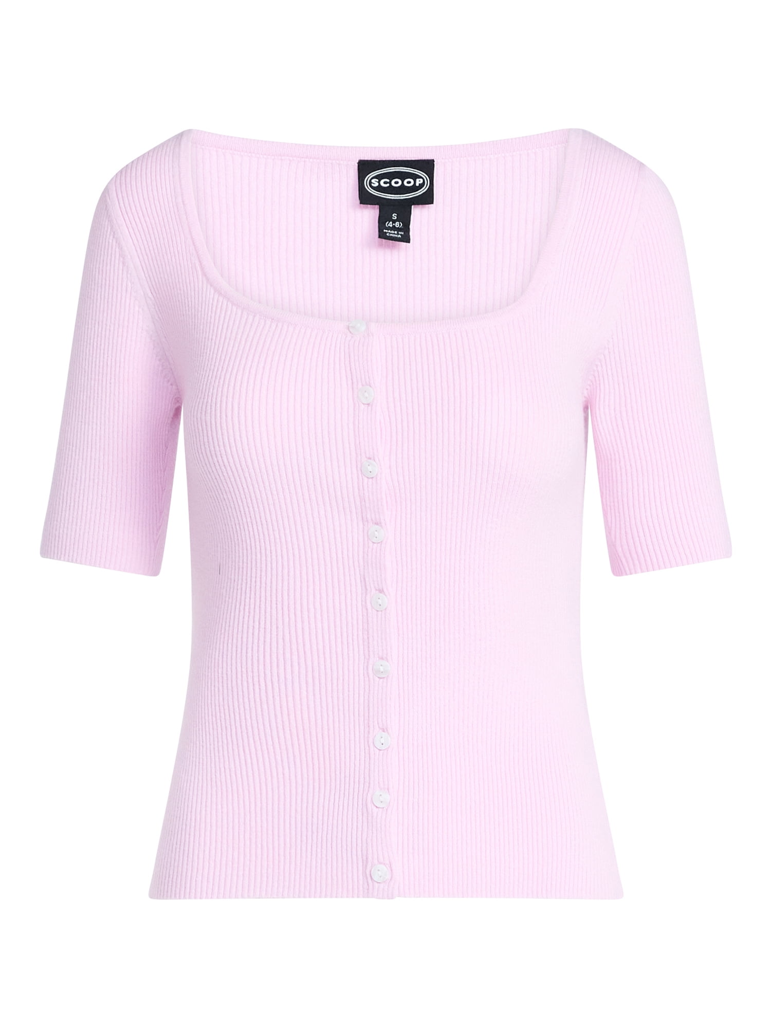 Scoop Women's Square Neckline Cardigan Sweater with Short Sleeves, Lightweight, Sizes XS-XXL