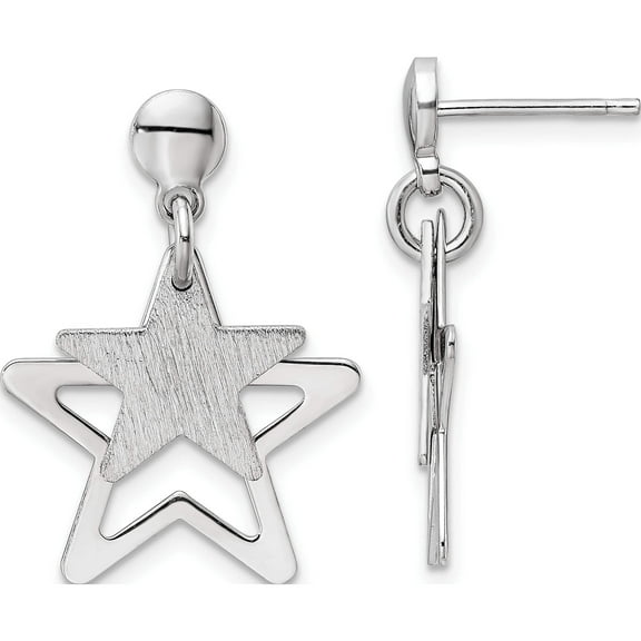 Sterling Silver Rhodium-Plated Satin Star In Dangle Post Earrings (26.8 X 19.05) Made Italy qe16487