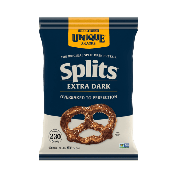 Unique Snacks - Unique Pretzels Extra Dark Flavored Pretzel Splits, All Natural Baked, 2.1 Ounce Bags, (Pack of 24)