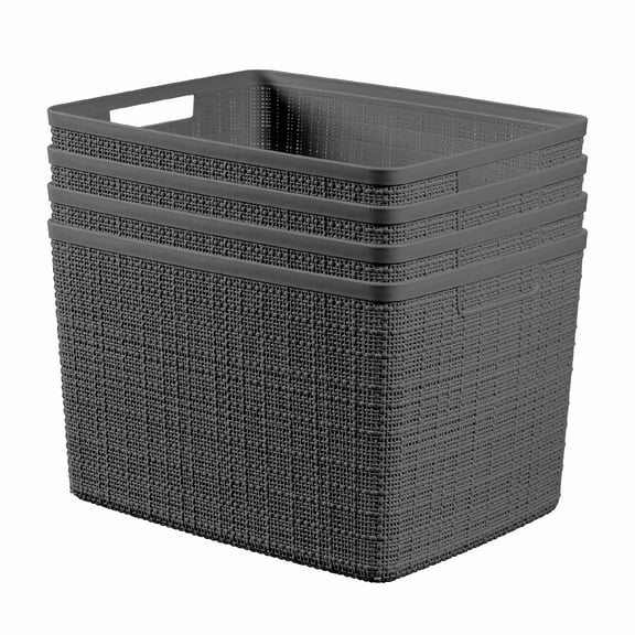 Curver Jute Large Basket, Resin Plastic Storage Bin, Grey Flannel, 4 Pack