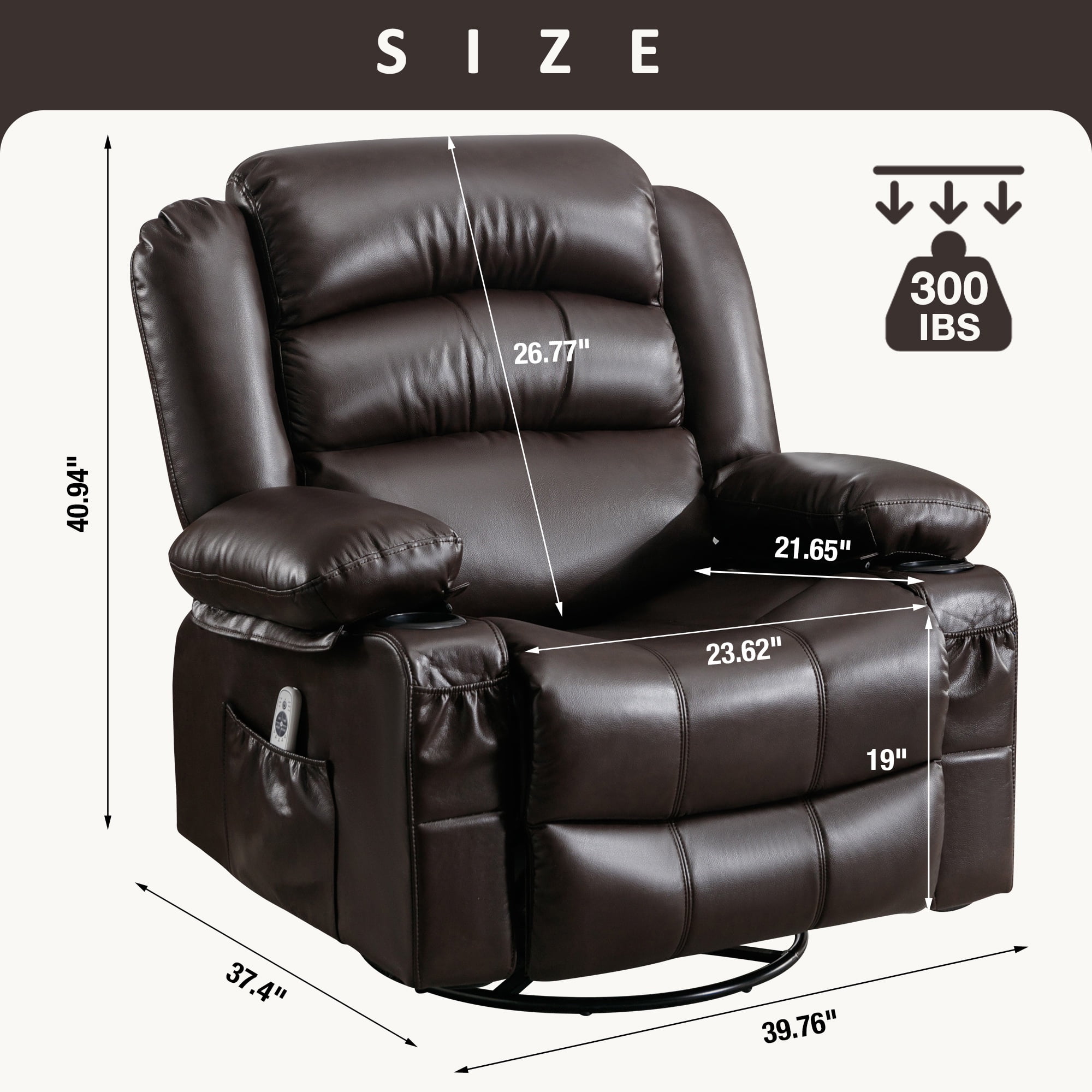 Manual Rocker Recliners, 360° Swivel Recliner Chair for Living Room, PU Leather Swivel Rocker Recliner with Massage and Heat, Home Theater Rocking Recliner with Cup Holder, Brown