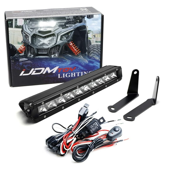 Shock Tower Mount 50W LED Light Bar Kit For CAN-AM Maverick X3, Includes 50W Single Row High Power LED Lightbar, Mounting Brackets, Relay Wiring w/On/Off Switch