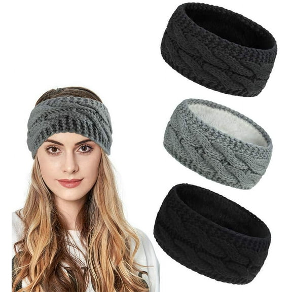 Ealicere 3 pcs Winter Knitted Headband, Ladies Thick Cable Knitted Fleece Lined, Ear Warmers Headband,Chunky Elastic Turban Head Wraps