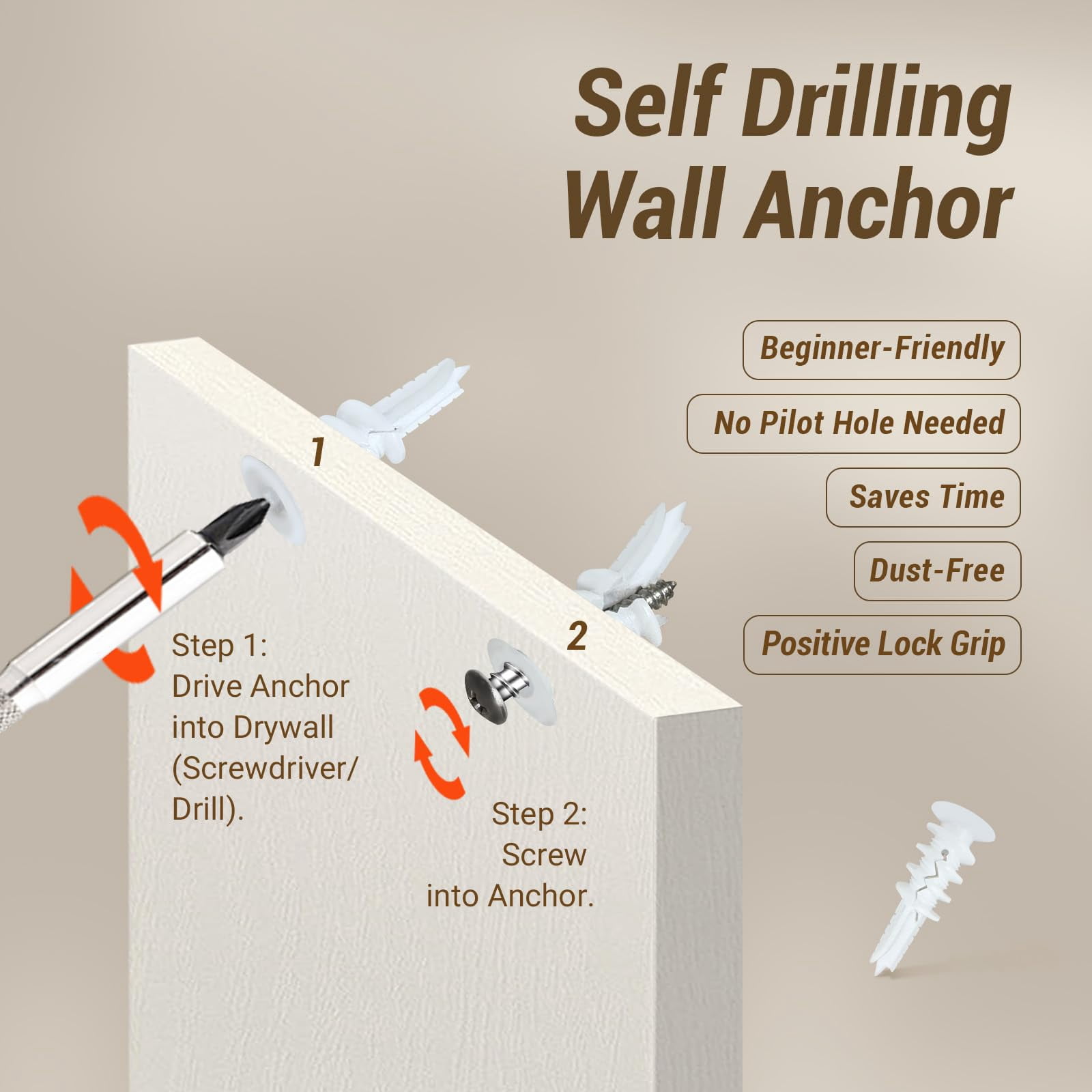 40Pcs Drywall Anchors and Screws Kit, Self Drilling Drywall Anchors Heavy Duty Holds 80lbs, No Drill Hole Required, #8 Phillips Head Screws Assortment Kit for Sheetrock/Plaster Walls(40)