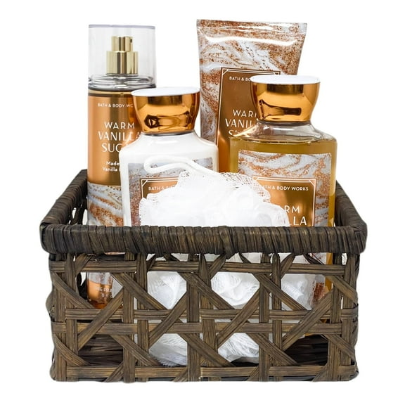 Bath and Body Works Warm Vanilla Sugar Deluxe Gift Basket Set With a White Sponge Encased in a Brown Basket - Full Size