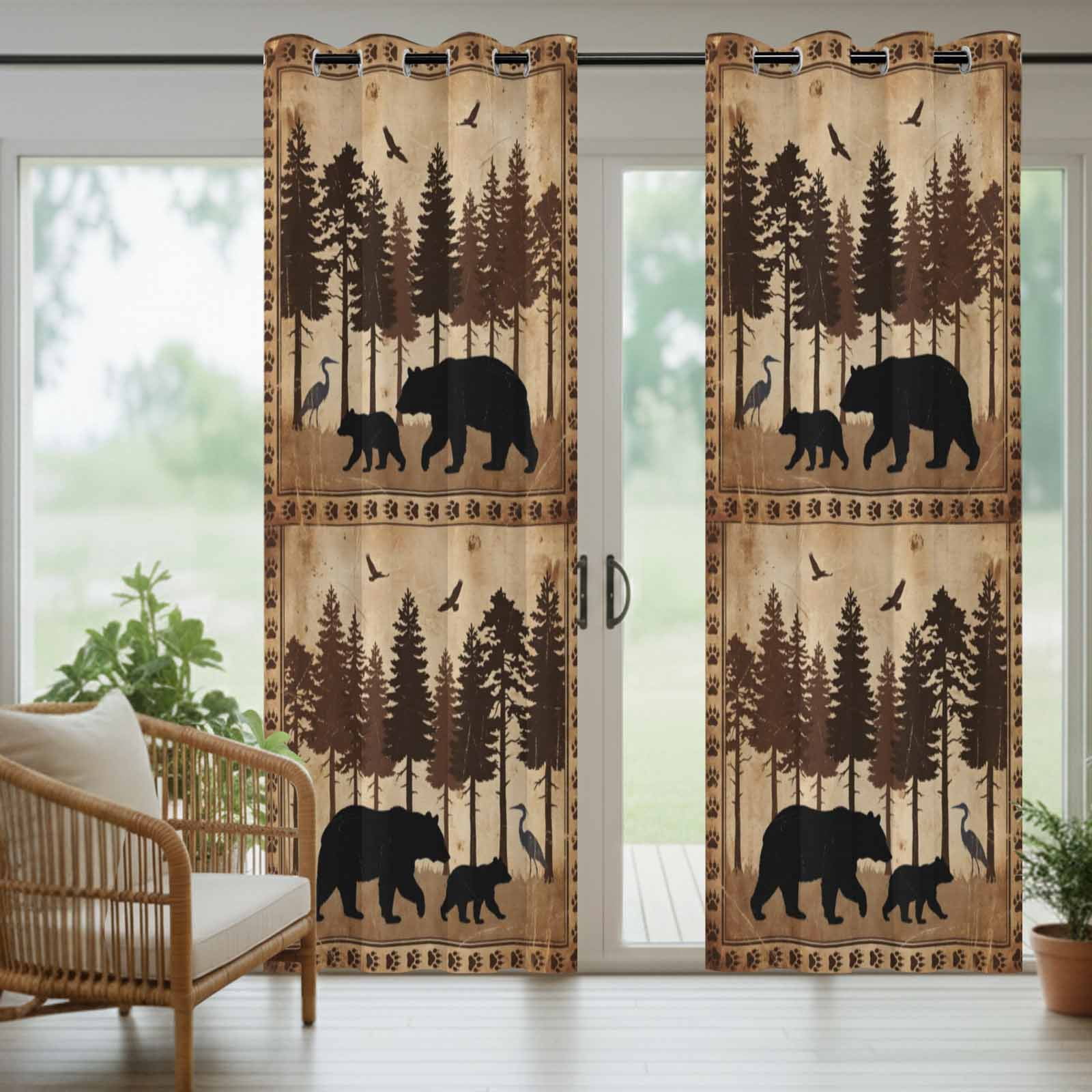 Wildlife Outdoor Curtains for Patio, Rustic Forest Birds Black Bear Silhouettes Sunshade Privacy Drapes Grommet Waterproof Outside Curtains for Porch/Cabana/Balcony 54"x 108", 1 Panel