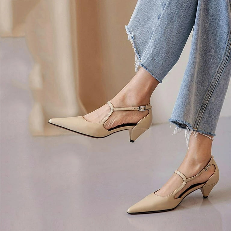 Women's Kitten Heels Pointed Closed Toe Pumps Wedding Office Work  Comfortable Low Heel Dress Shoes for Women with Cushioned Inner Sole Beige  7 