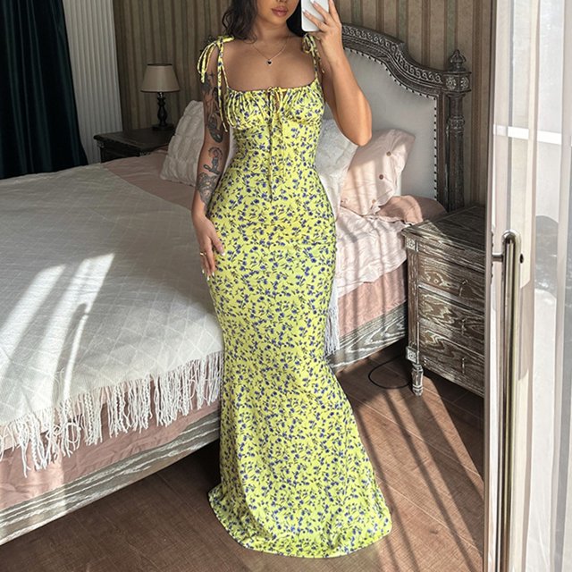 Robes pour Femmes 2025 Élégantes Élégantes Tendance Boho Imprimé Floral Col Rond Sans Manches Mode Décontractée Robe de Soleil Jaune S