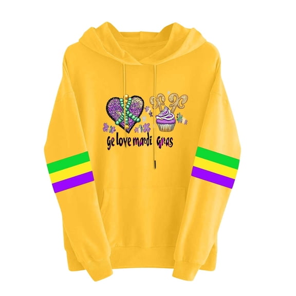 Mardi Gras Pullover Hoodie Sweatshirt for Women Long Sleeve Casual Loose Crewneck Pullover Funny Print Colorful Striped Tops