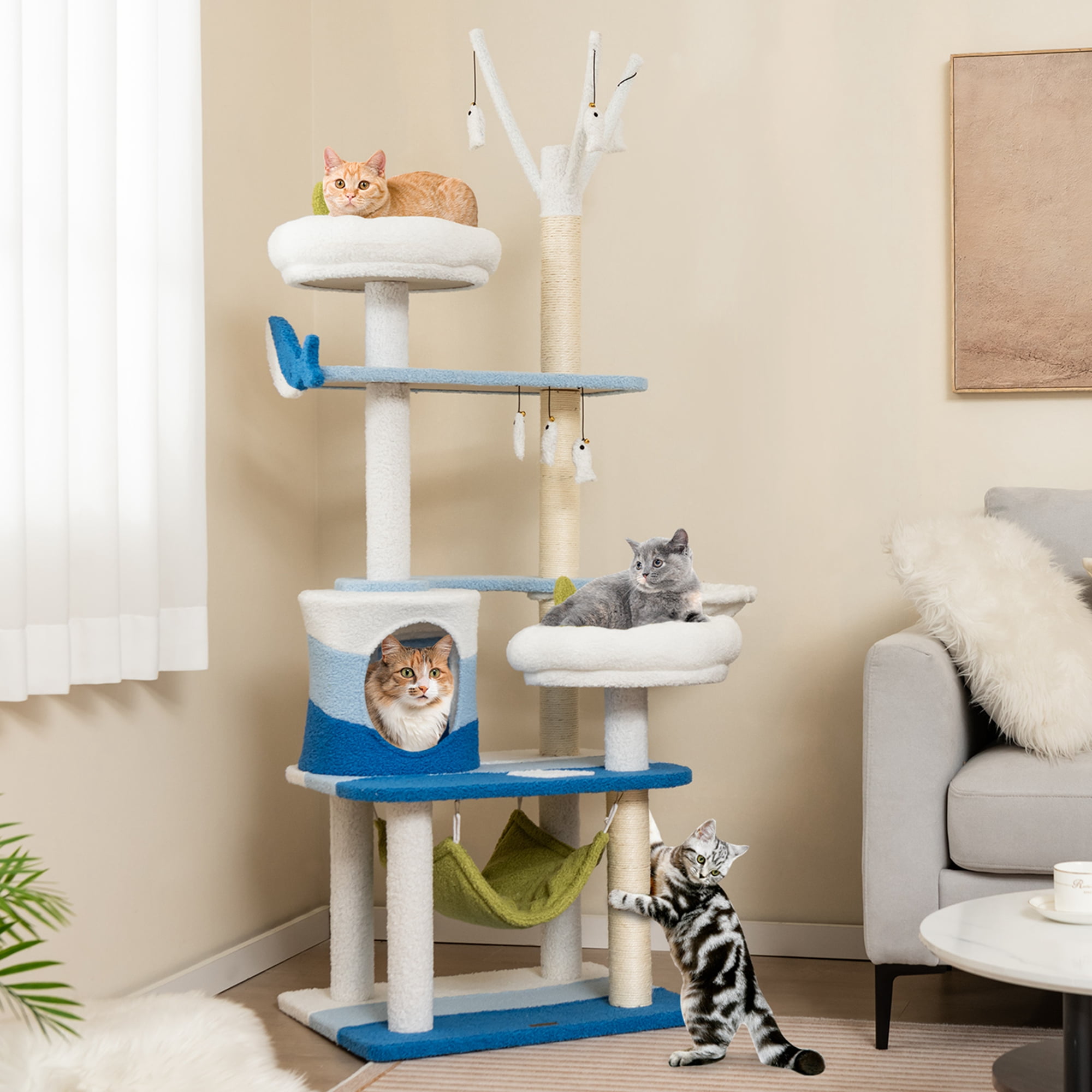 Costway Petsite Ocean-themed Cat Tree with Sisal Covered Scratching Posts Condo Perch Indoor Tower
