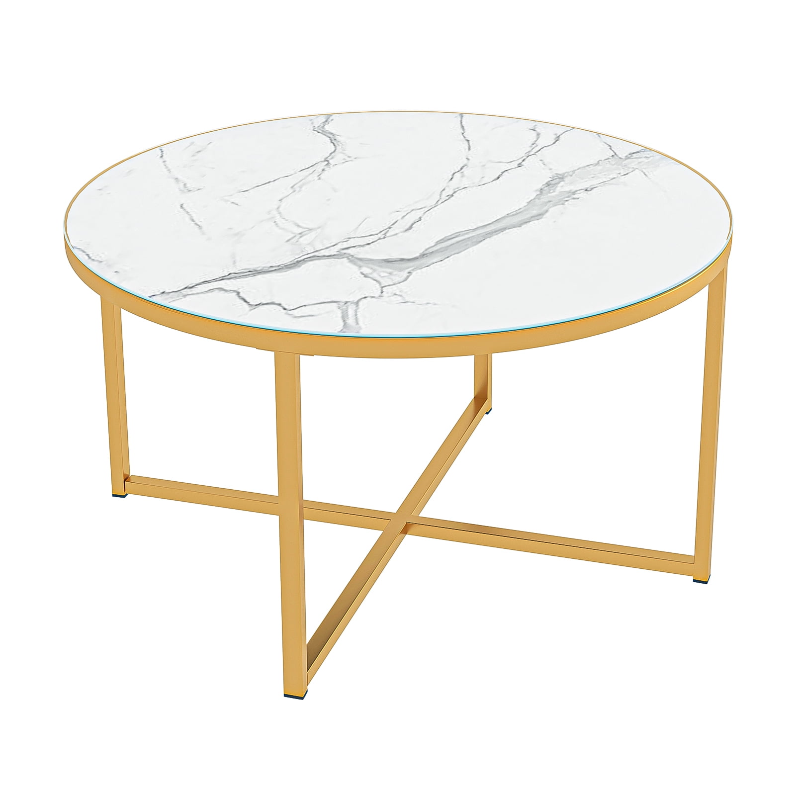 Kadyn Cross Legs MDF Coffee Table, Modern Metal Coffee Table with Metal Base, Round Table Cocktail Table for Living Room, Golden Kadyn Cross Legs MDF Coffee Table, Modern Metal Coffee Table with Metal Base, Round Table Cocktail Table for Living Room, Golden