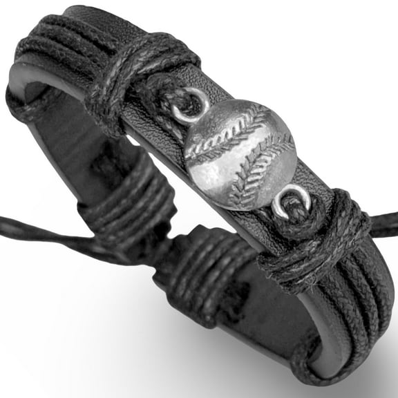 Black Leather Wrap Bracelets for Men or Teens Baseball Team Sports Gifts (Black Baseball)