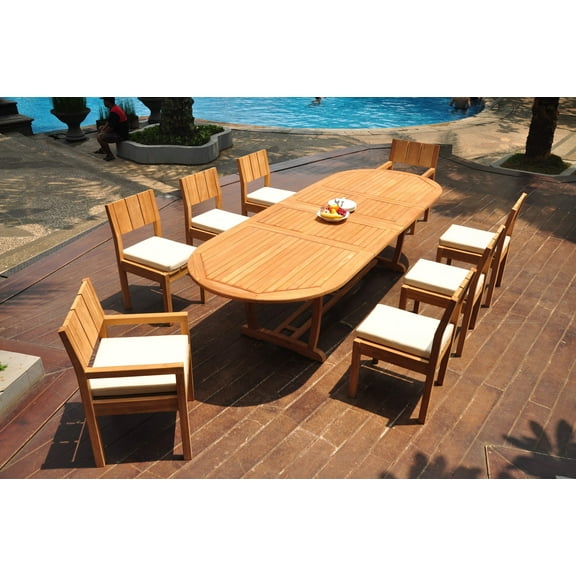 Grade-A Teak Dining Set: 8 Seater 9 Pc: 118" Double Extension Mas Oval Trestle Leg Table And 8 Veranda Chairs (2 Arm & 6 Armless Chairs) WholesaleTeak #WMVR85