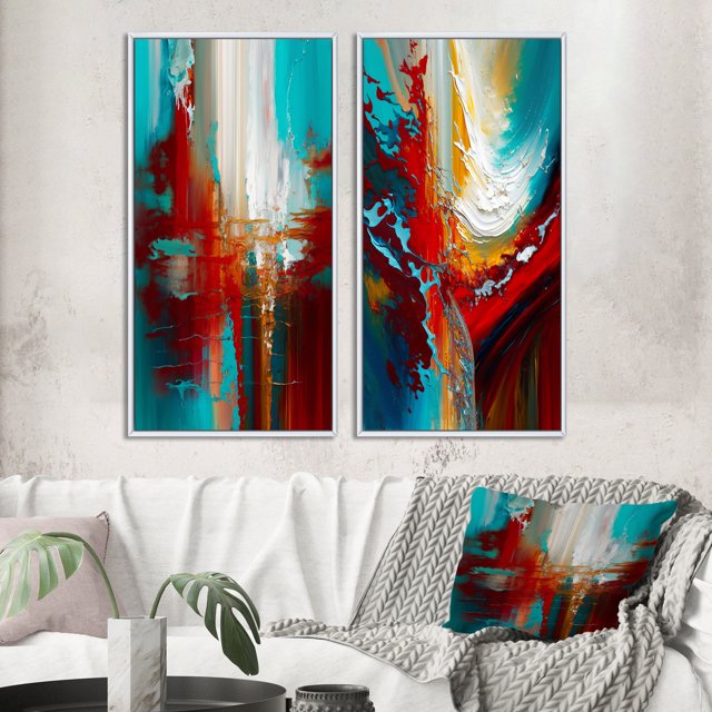 Designart "Teal Rhythms Abstract Awakening I" Abstract Painting Framed Wall Art Set Of 2 - Modern Red Framed Wall Art Set Of 2