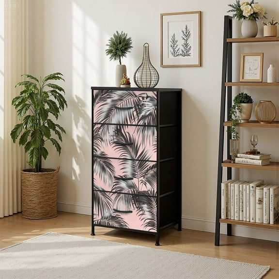 4 Drawer Vertical Storage Dresser Tropical floral palm leaves monochrome leaf jungle with Wood Top Fabric Pull Drawers