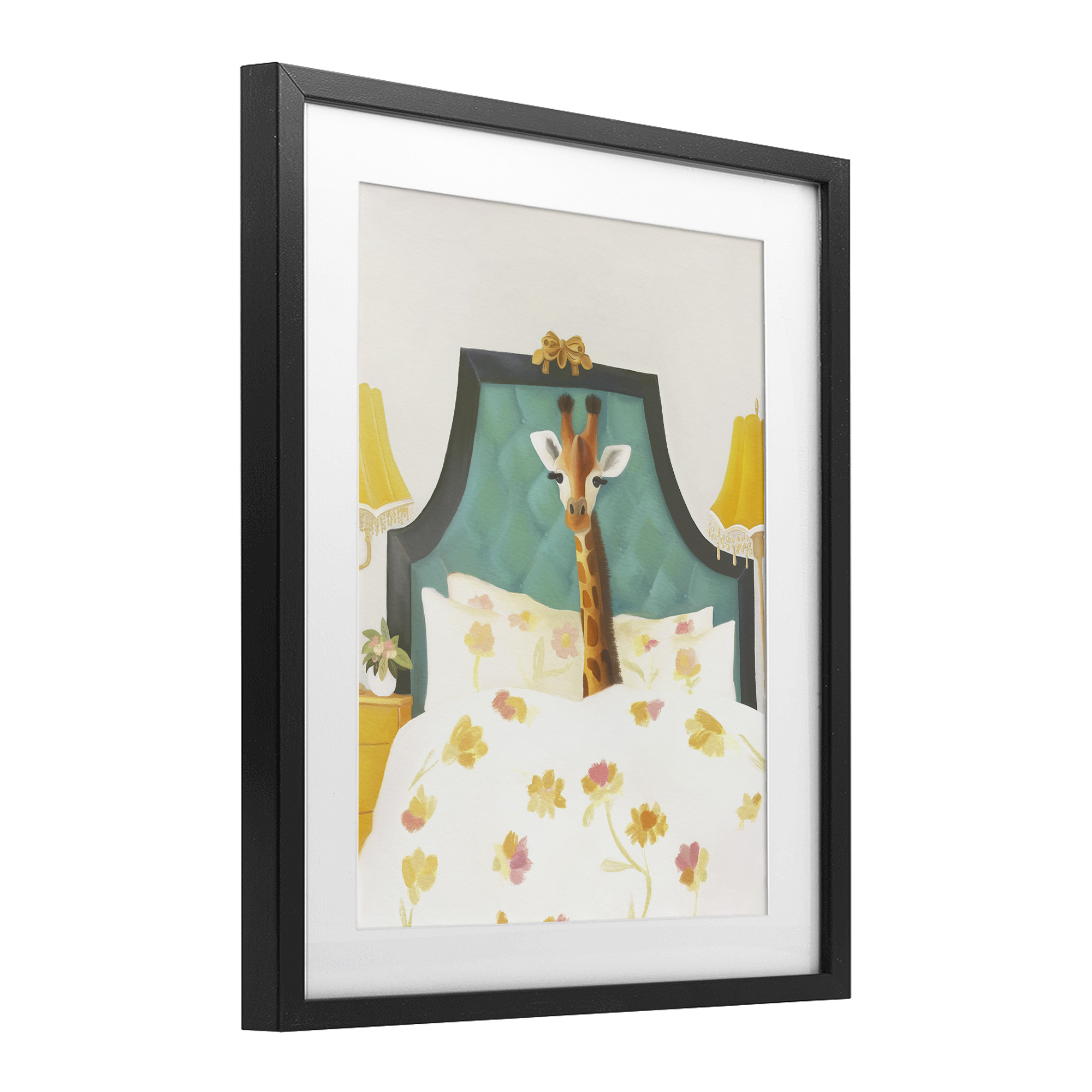 Good Morning Giraffe in Bed Black Framed Print Under Glass, design by Leah Straatsma