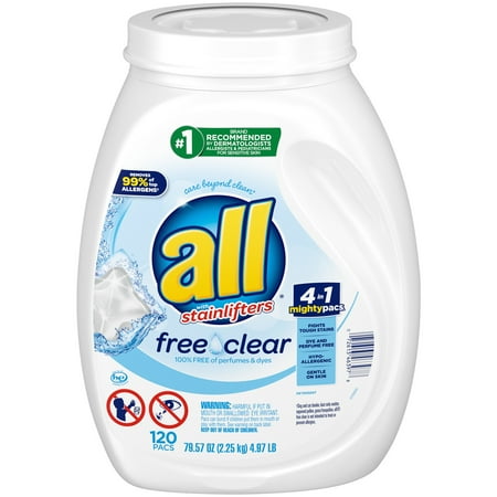 All Mighty Pacs Laundry Detergent, Free Clear For Sensitive Skin (120 Ct.)