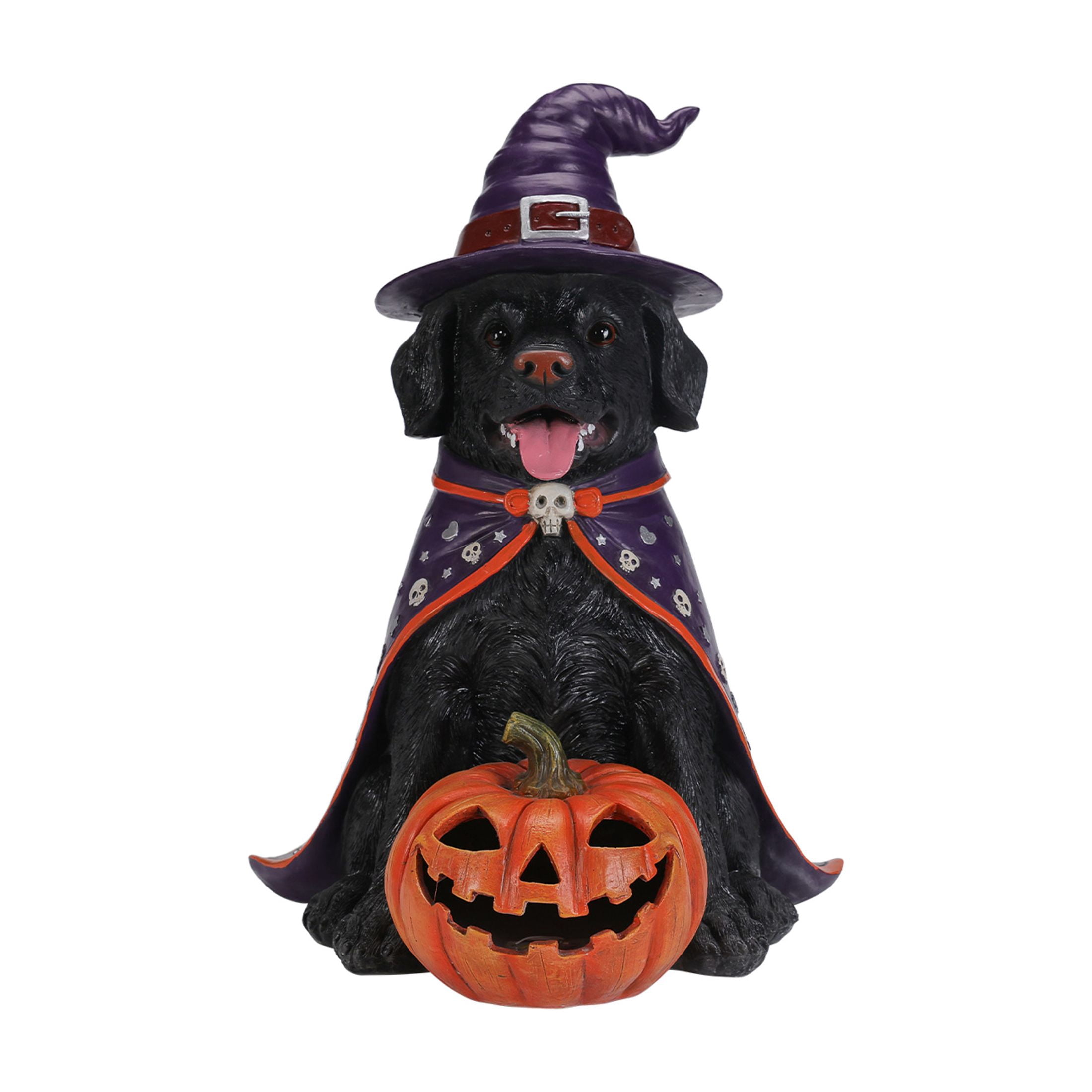 Noble House Halloween Golden Retriever Witch Puppy Figurine with Pumpkin Lantern, Decorative Statue, Black