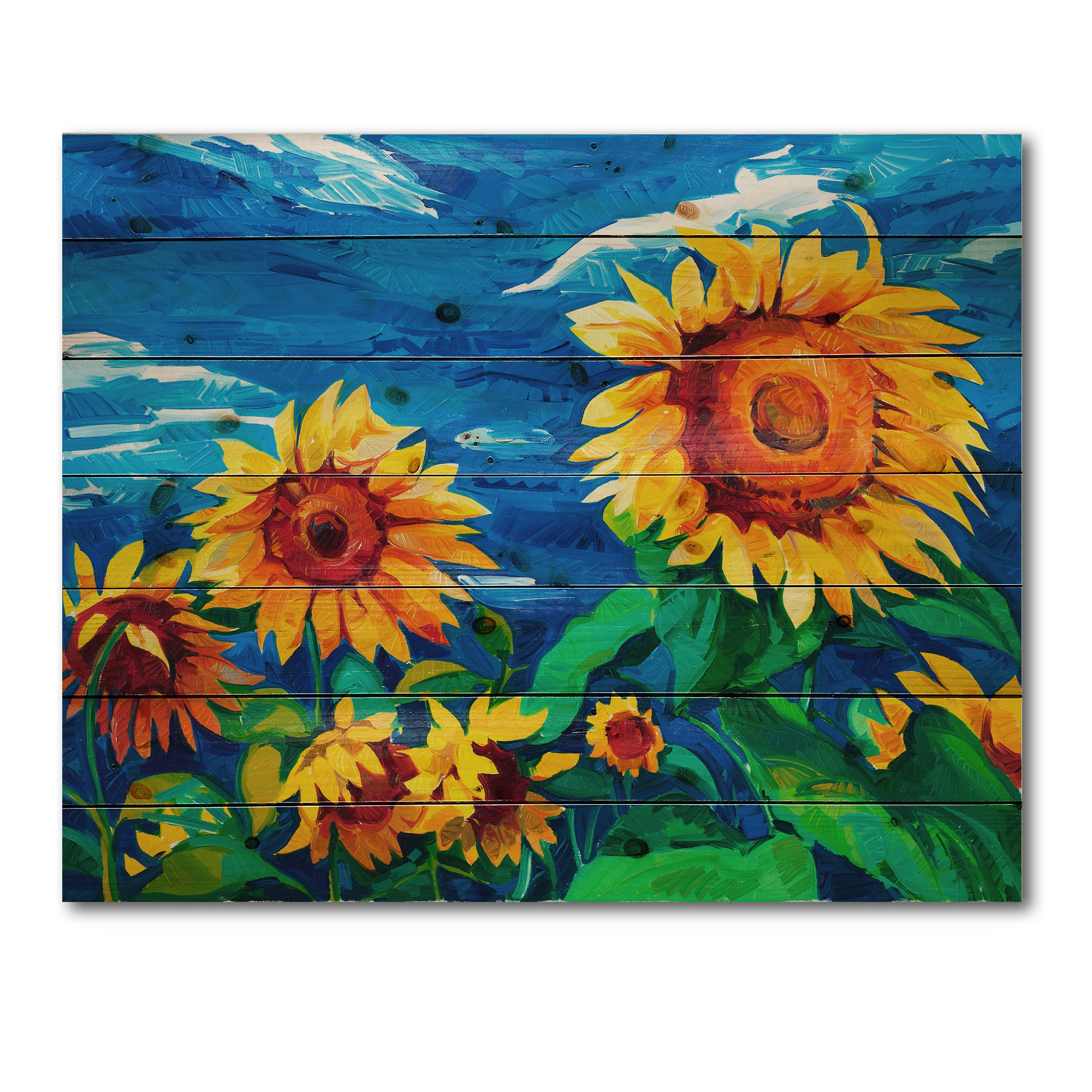 Designart 'Sunflowers Field Under A Bright Blue Sky' Traditional Print on Natural Pine Wood