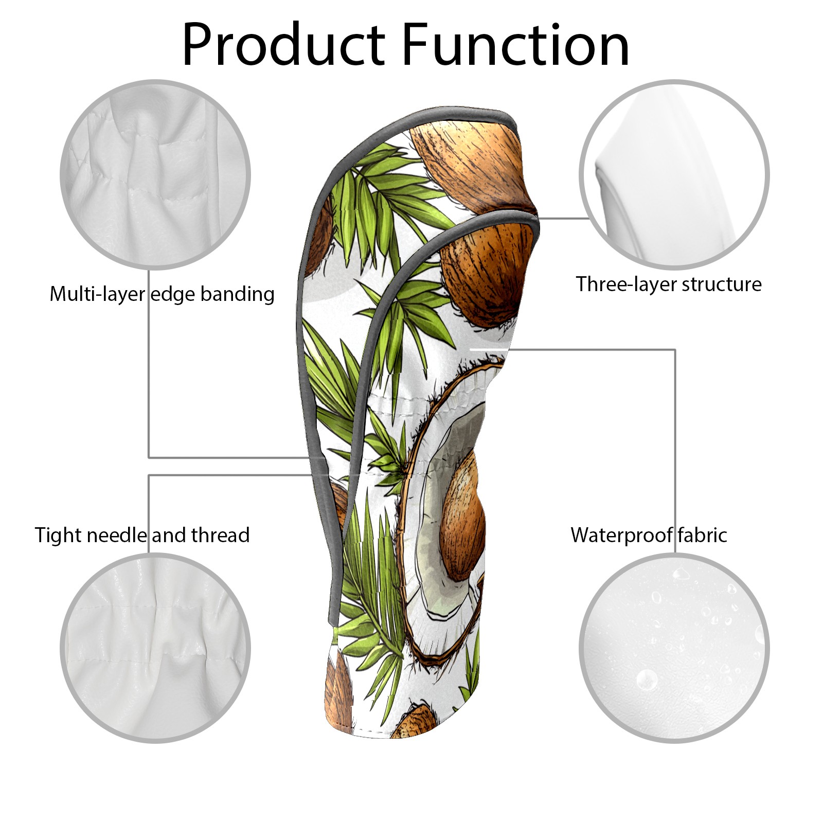 Golf Club Covers PU Leather Waterproof Head Covers for Fairway Woods Hybrids Coconut Palm Leaves