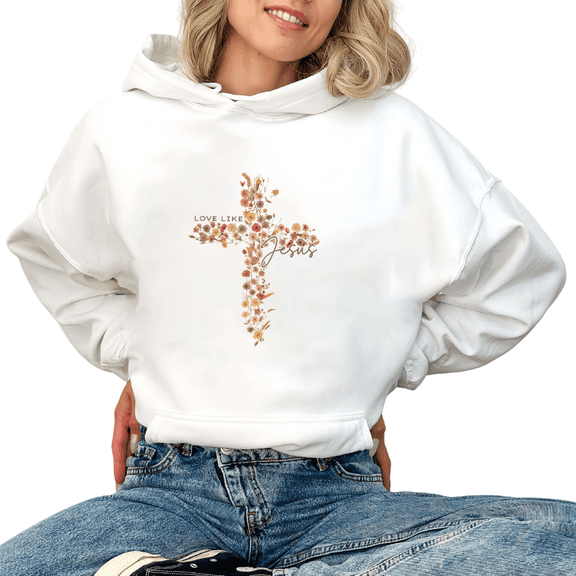 White Print hoodie Sweatshirt Graphic Sweatshirt Floral Cross Love Like Jesus Christian Women S-2XL Tops