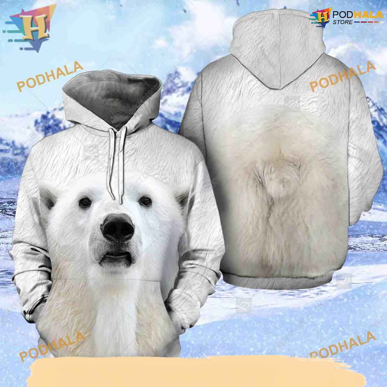 Polar Bear Full Head And Body Animal Costume All Over Printed 3D Hoodie