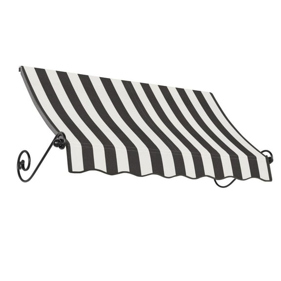 Awntech 10.38 Ft Charleston Sloped Fixed Awning with Scrolled Iron Arms (124.5in x 36in x 24in), Black/White Stripe